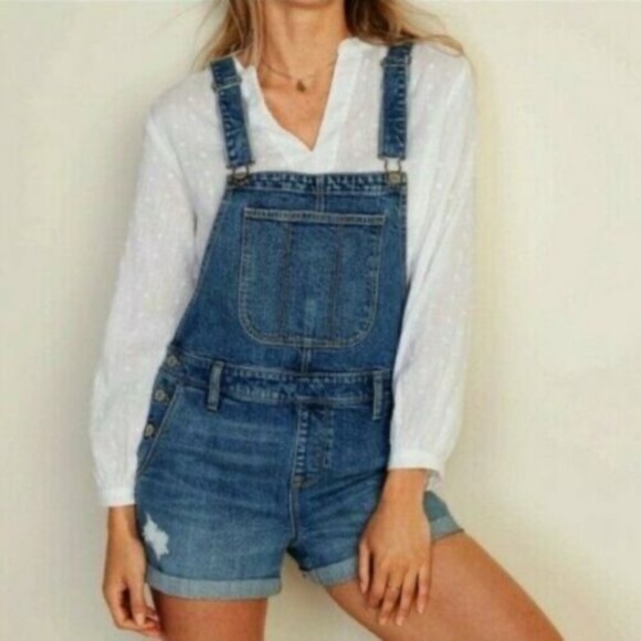 Old Navy Pants - Old Navy Jean Overalls Shortalls Womens XS Blue Distressed Cuffed Dark Wash